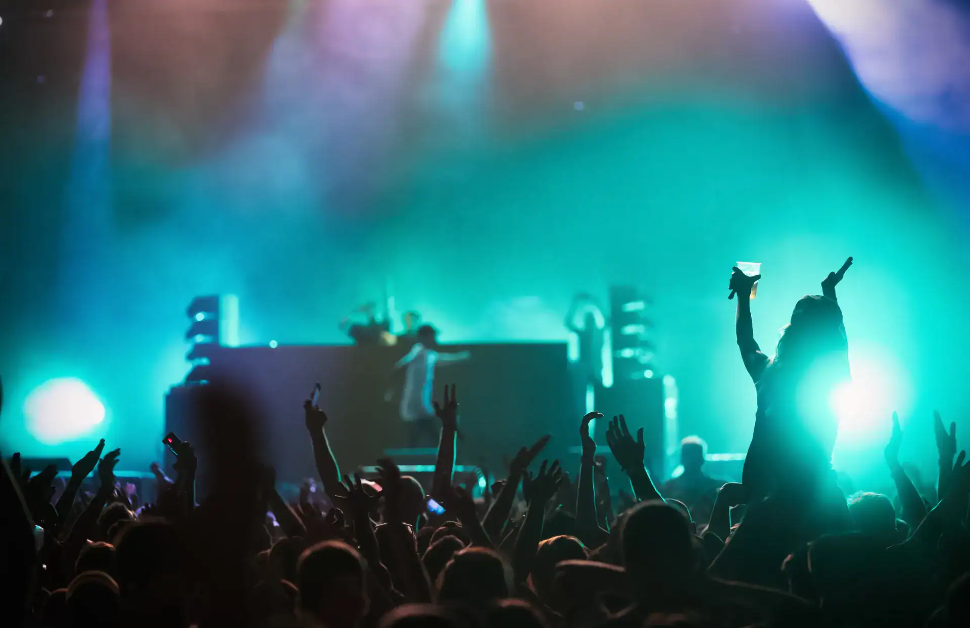 Begeistertes Festivalpublikum bei einem Konzert mit bunter Buehnenbeleuchtung